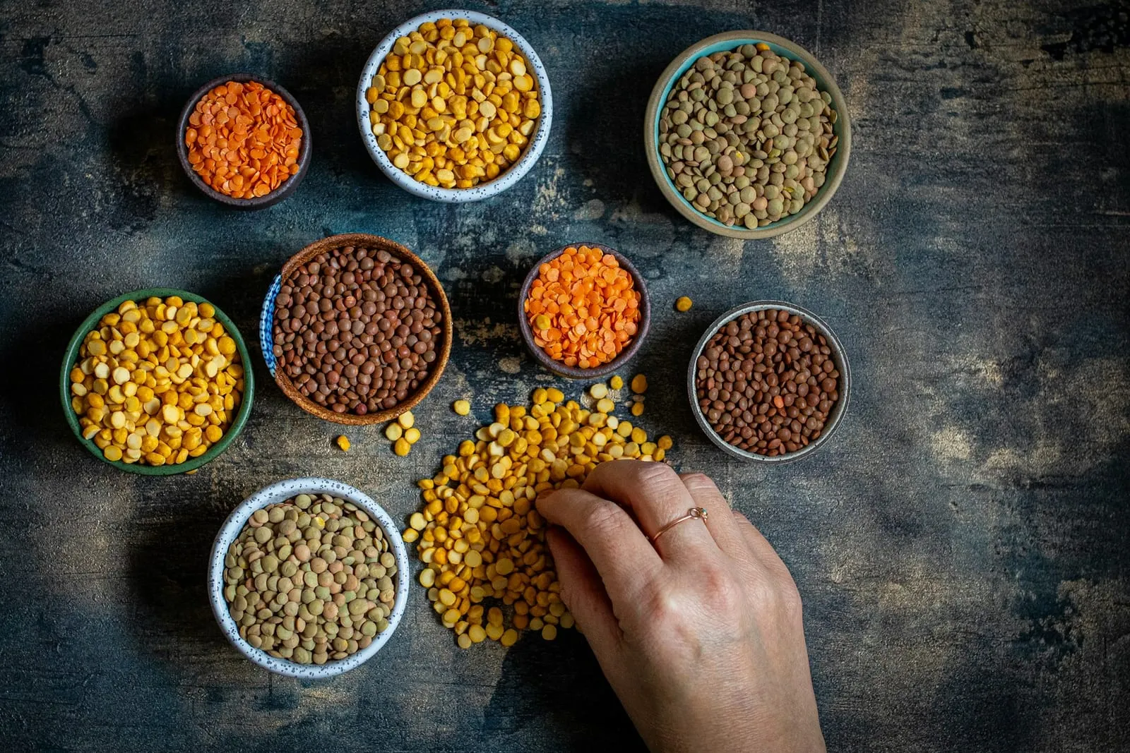 Lentils and pulses in small bowls